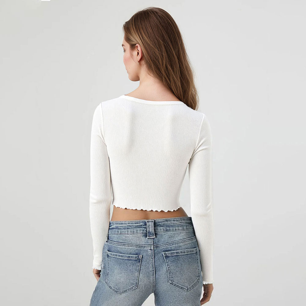 Cropped Long-sleeve Fitted T-shirt Square Neck Sexy Women's Top