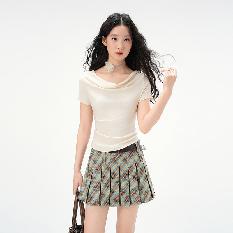 French One-shoulder Draped Neckline Short Sleeve Top