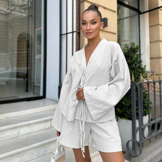 100 Cotton White Loose-Fit Casual Comfortable Womens Loungewear Long-Sleeve Top And Pants Pajama Set