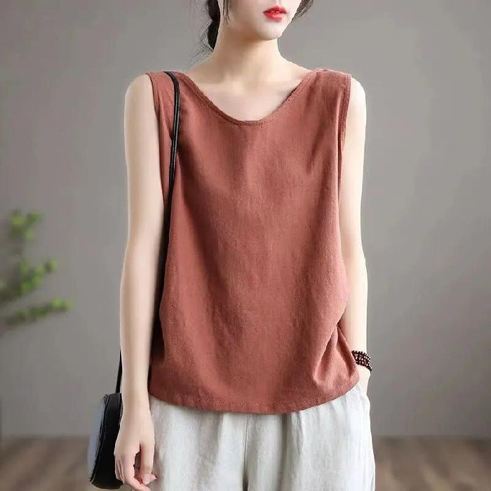 Solid Color Plus Size Literary Sleeveless Round Neck Vest
