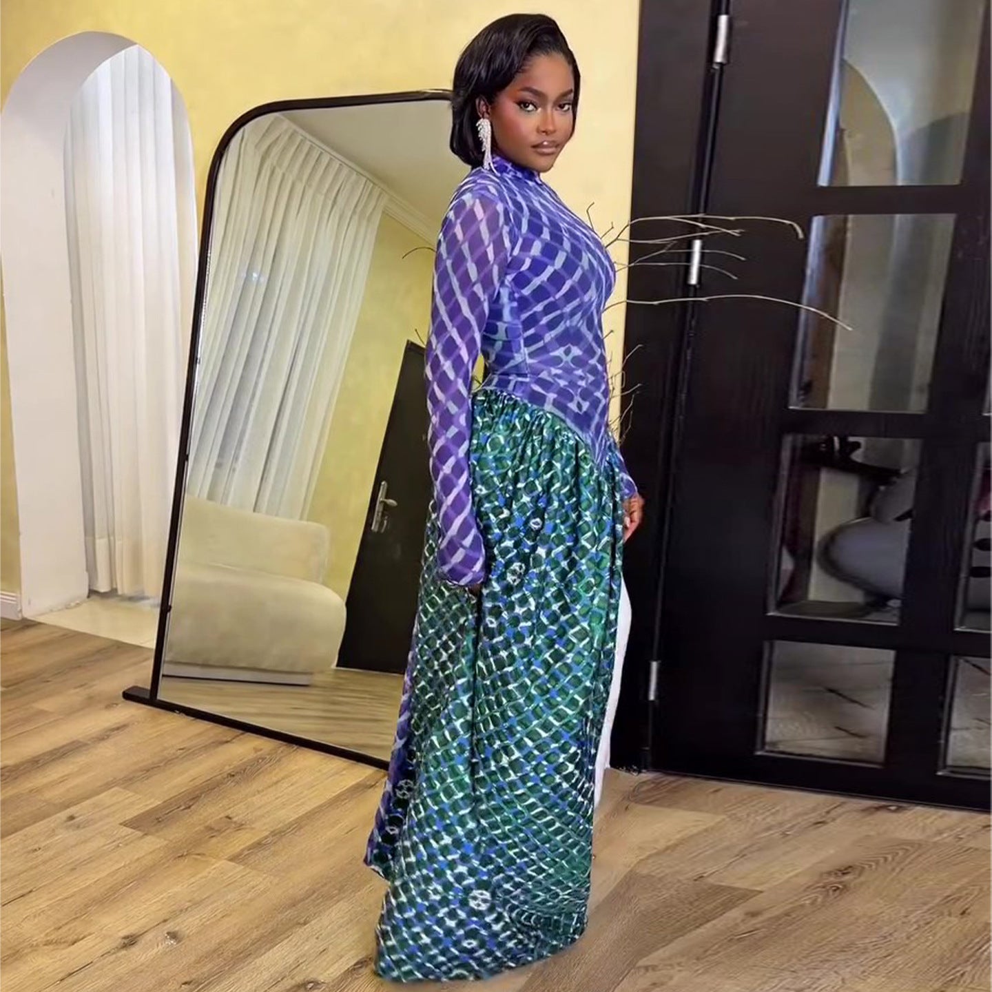 Color-blocked High-neck Figure-flattering Waist-cinching Maxi Dresselegant And Comfortable