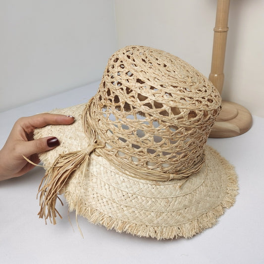 Fashion Raffia Hollow Raw Edge Breathable Sun Hat