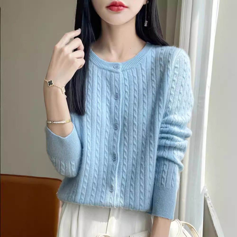 Women's Round Neck Wool Cardigan Twisted Wool Sweater