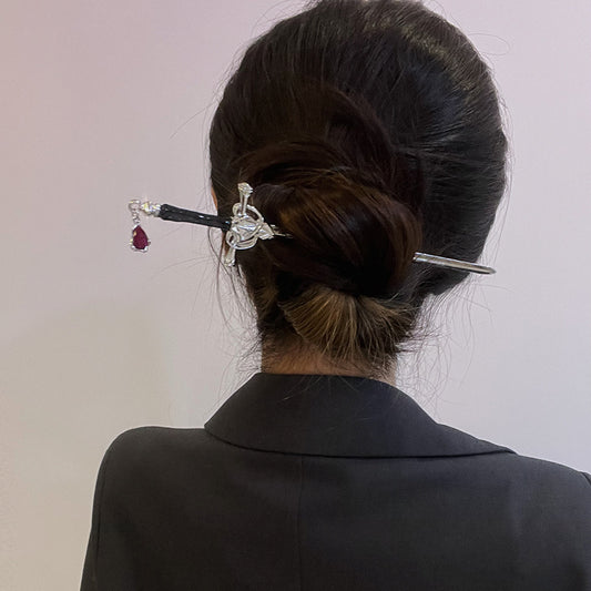 Chinese Punk Ruby Pendant Sword Hairpin Simple Modern Headdress Internet Celebrity High-end Back Head Updo Hair Accessories