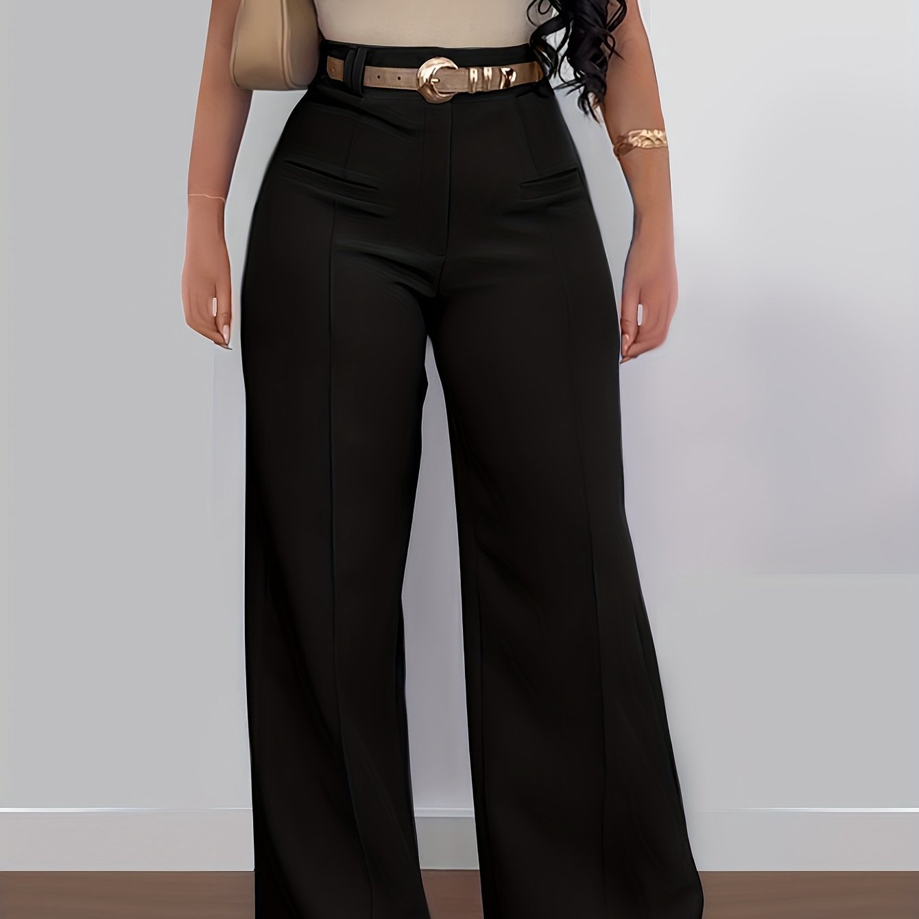 Women's Casual Solid Color Wide Leg Pants Polyester Fabric