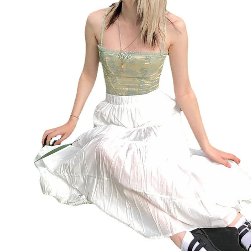 Slim Fit Lace Trim Top Print Off Shoulder Suspender