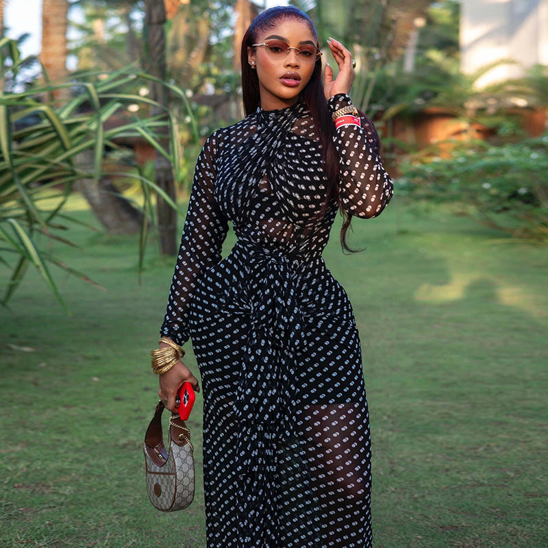 Fashionable Polka Dot Design Waist Cinching Sheath Dress