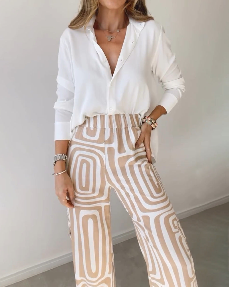 Long-sleeved Lapel Shirt Printed Wide-leg Pants Suit