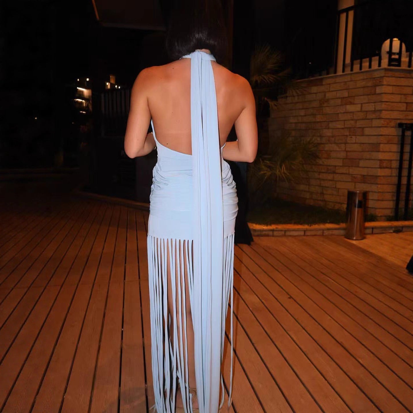 Womens Halterneck Backless Fringe Sexy Bodycon Dress