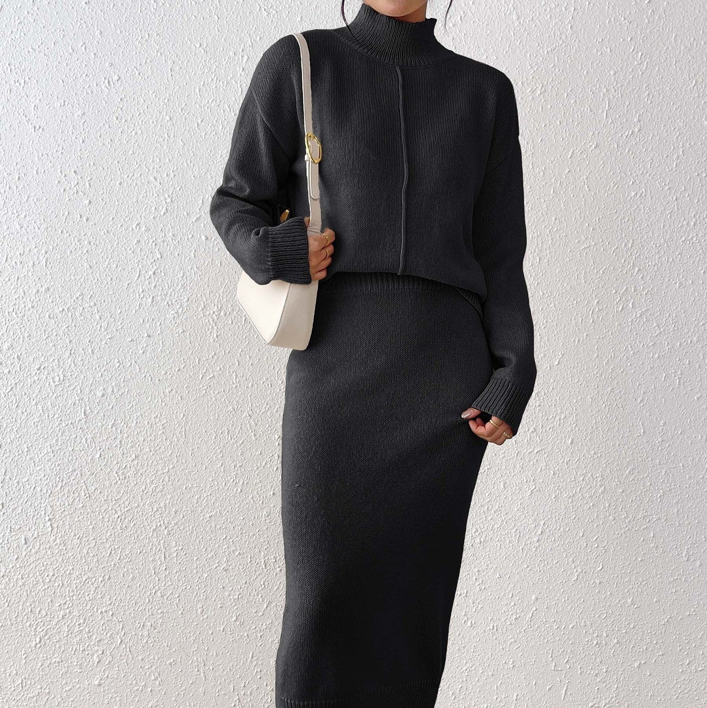 Women's Semi-high Neck Pullover Sweater And Bodycon Skirt Two-piece Set