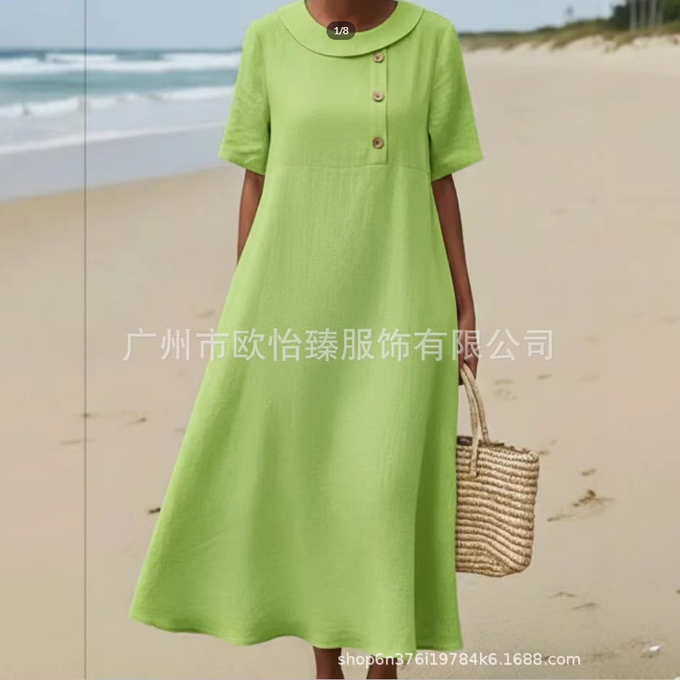Solid-color Comfortable Crew-neck Loose-fitting Dress For Women