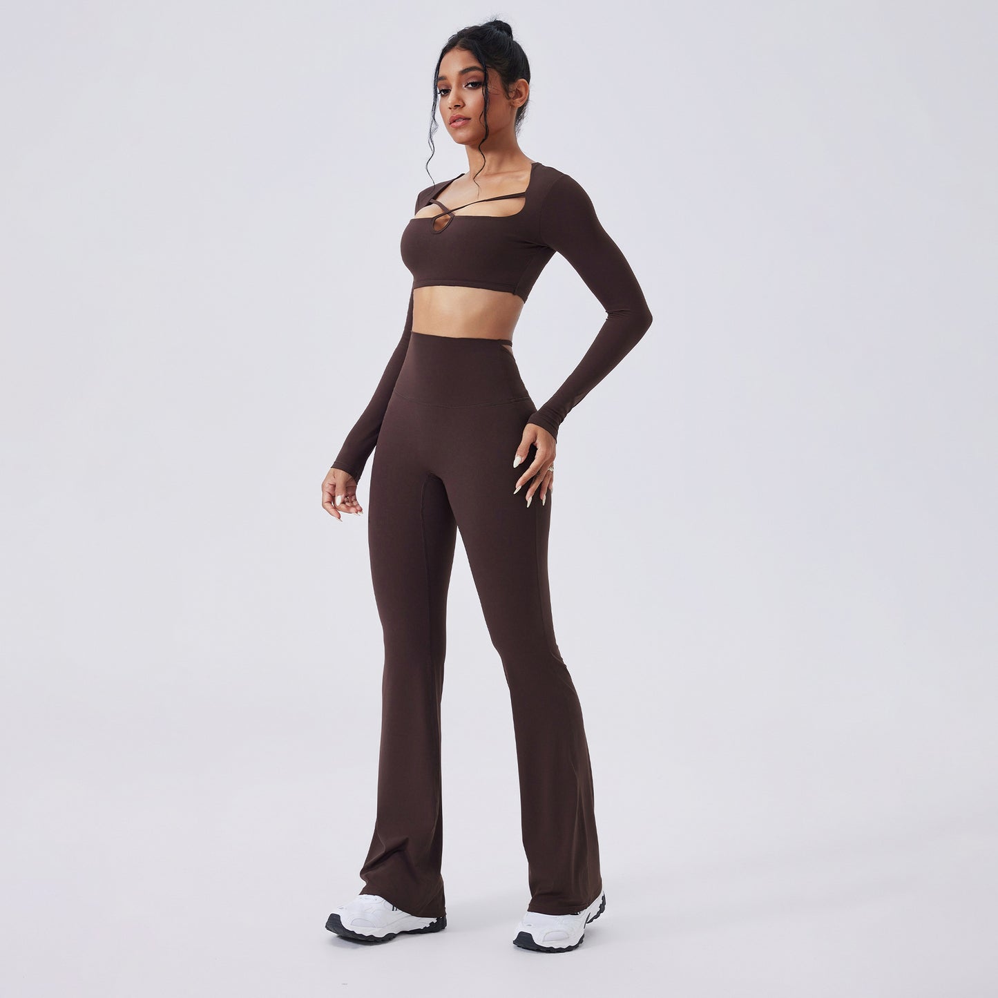 Color-blocking Yoga Hollow-out Slim-fit High-waist Flared Pants Long Sleeve Set