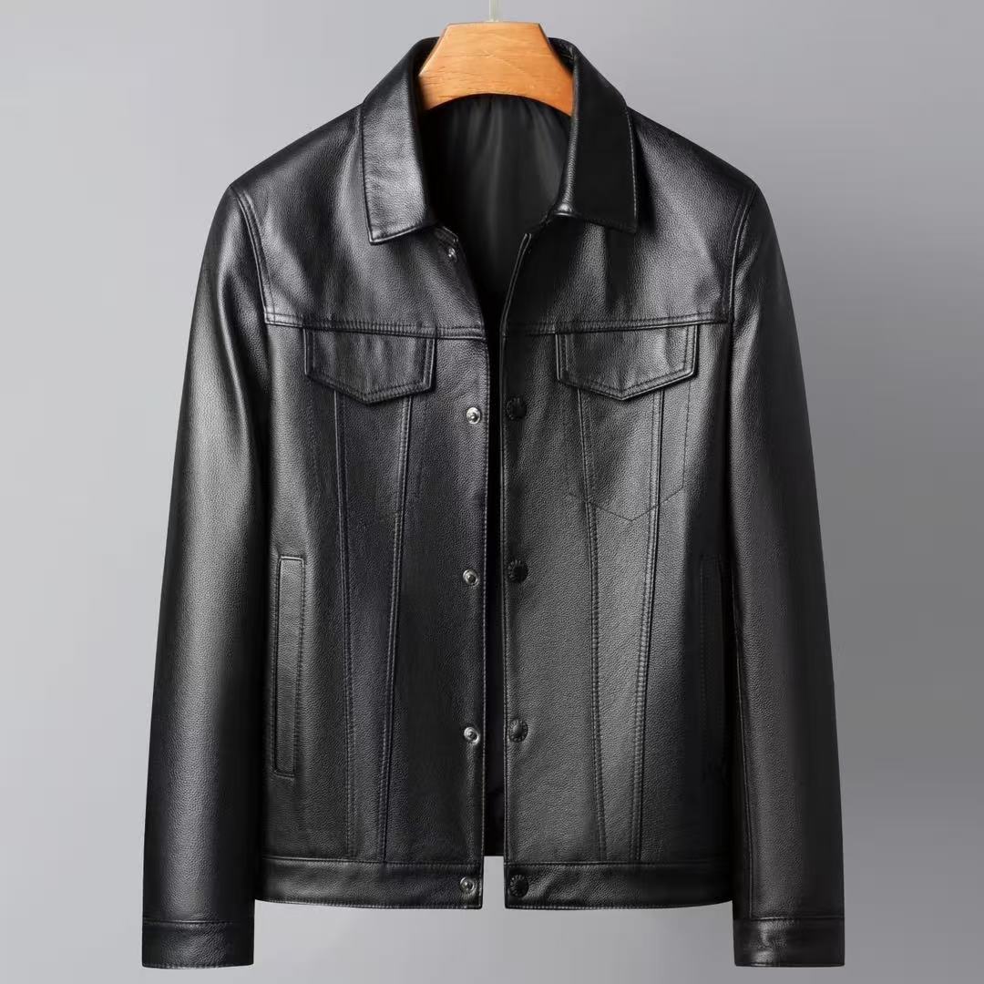 Men's First Layer Cowhide Spring And Autumn New Polo Collar Leather Jacket