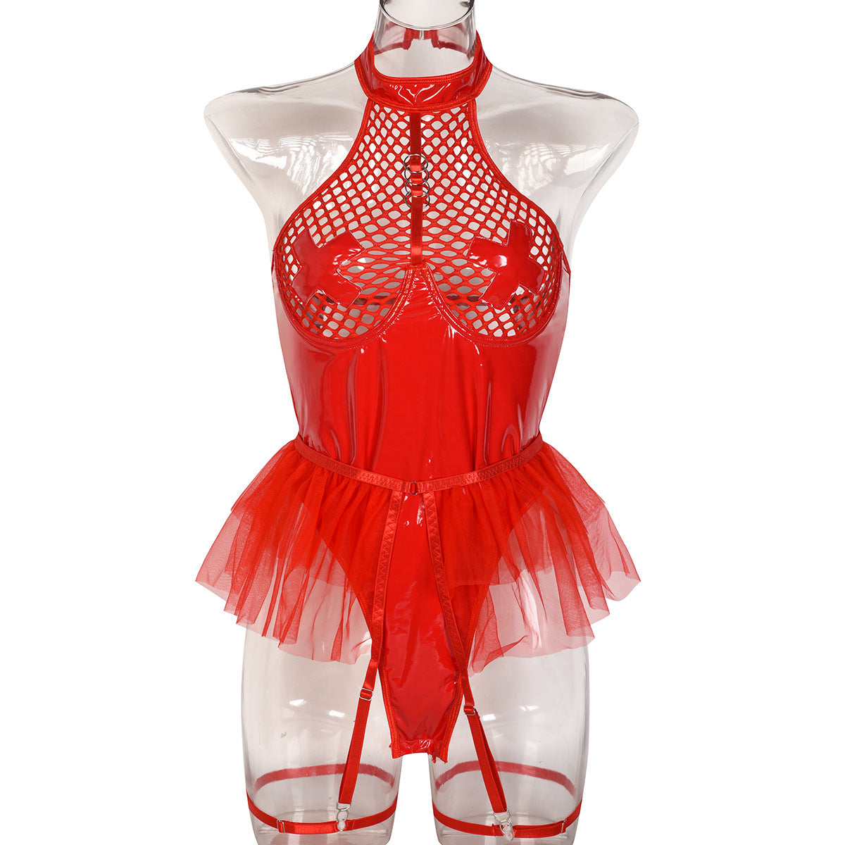 PU Patent Leather Large Grid Cross Jumpsuit
