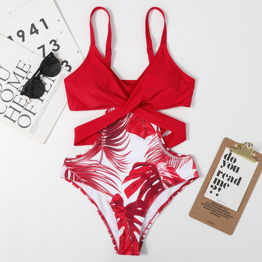 One-piece Leaf-shaped Flowers Color Matching Women's Swimsuit Lace-up Sexy Triangle Bikini
