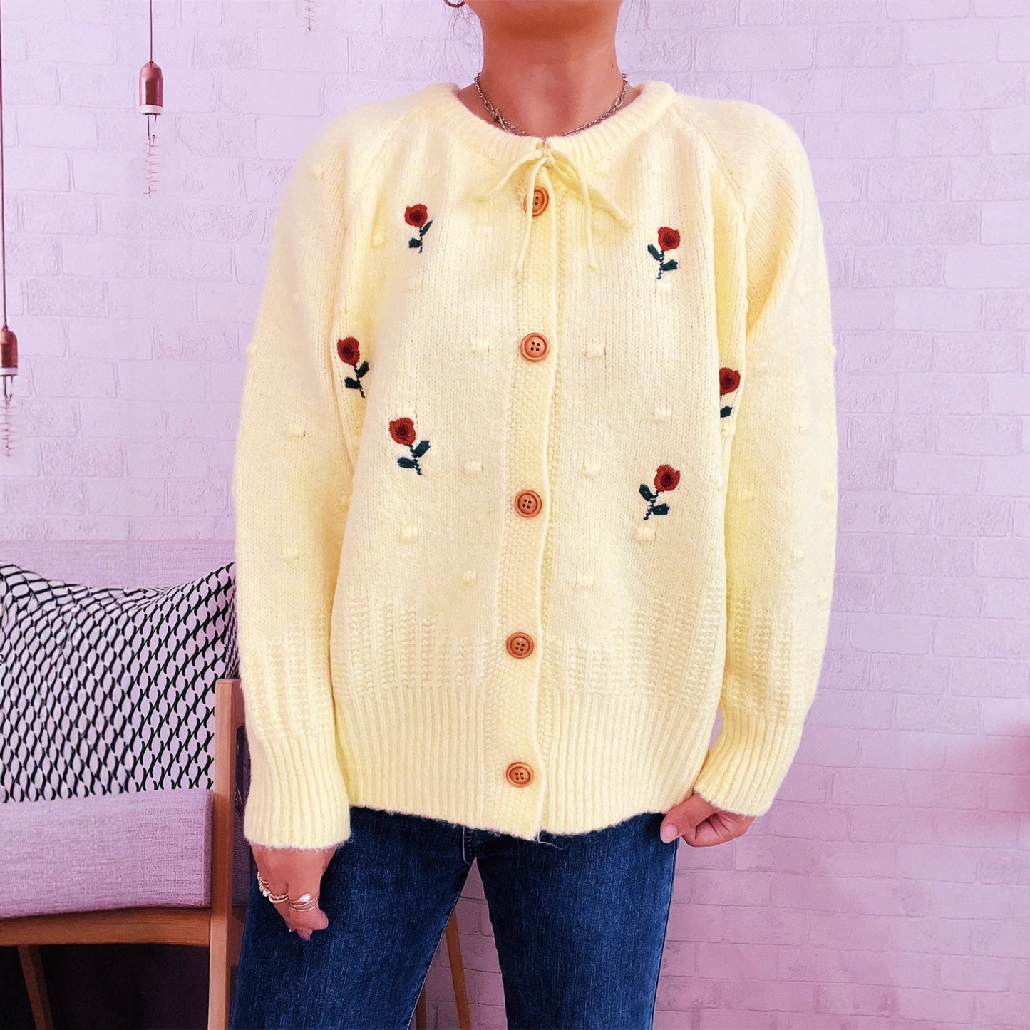 Flower Embroidery Bow Bandage Knitted Cardigan Single-breasted Sweater