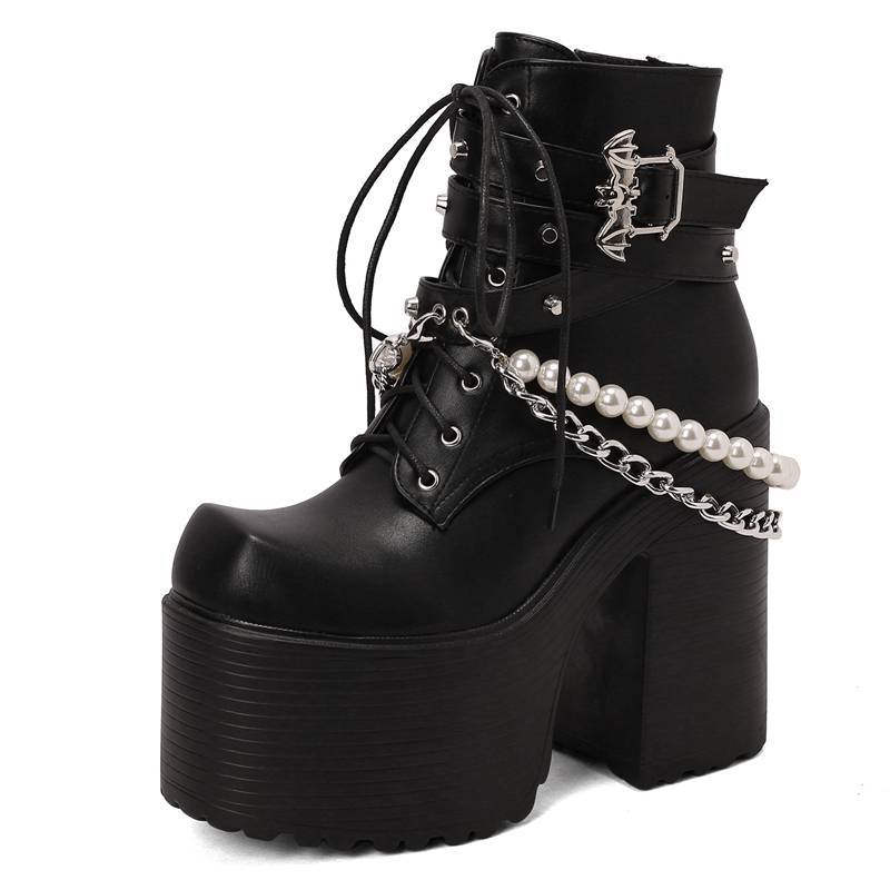 Belt Buckle Beaded Chain Women's Leather Boots