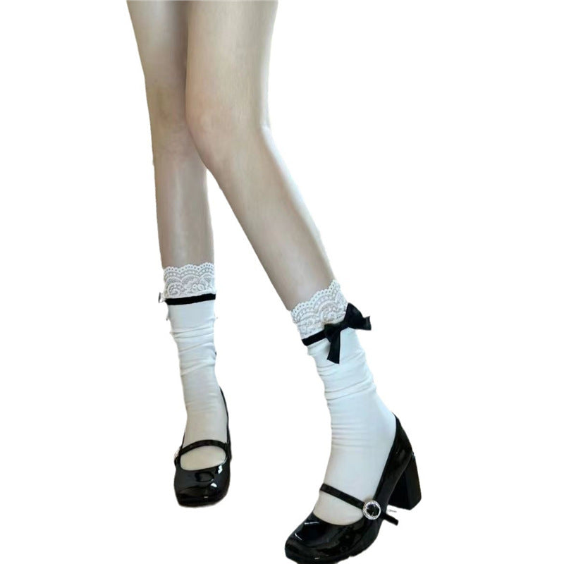 Lace-trimmed Breathable Calf Socks With A Bow Detail