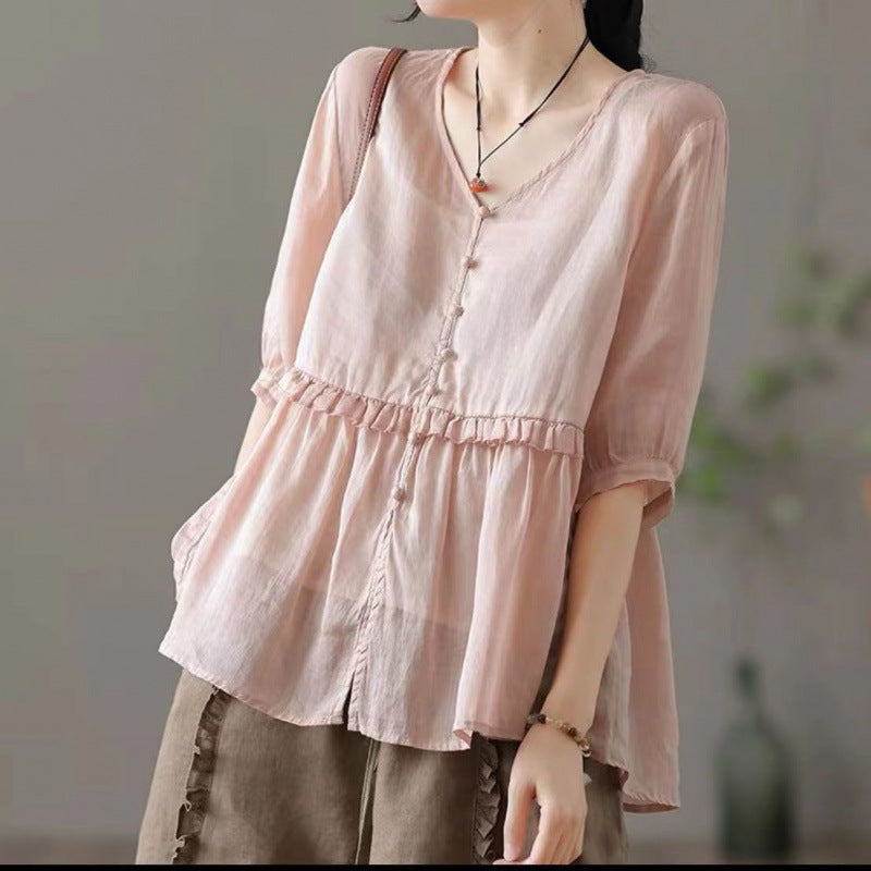 Loose V-neck Half Sleeve Cotton Linen Shirt