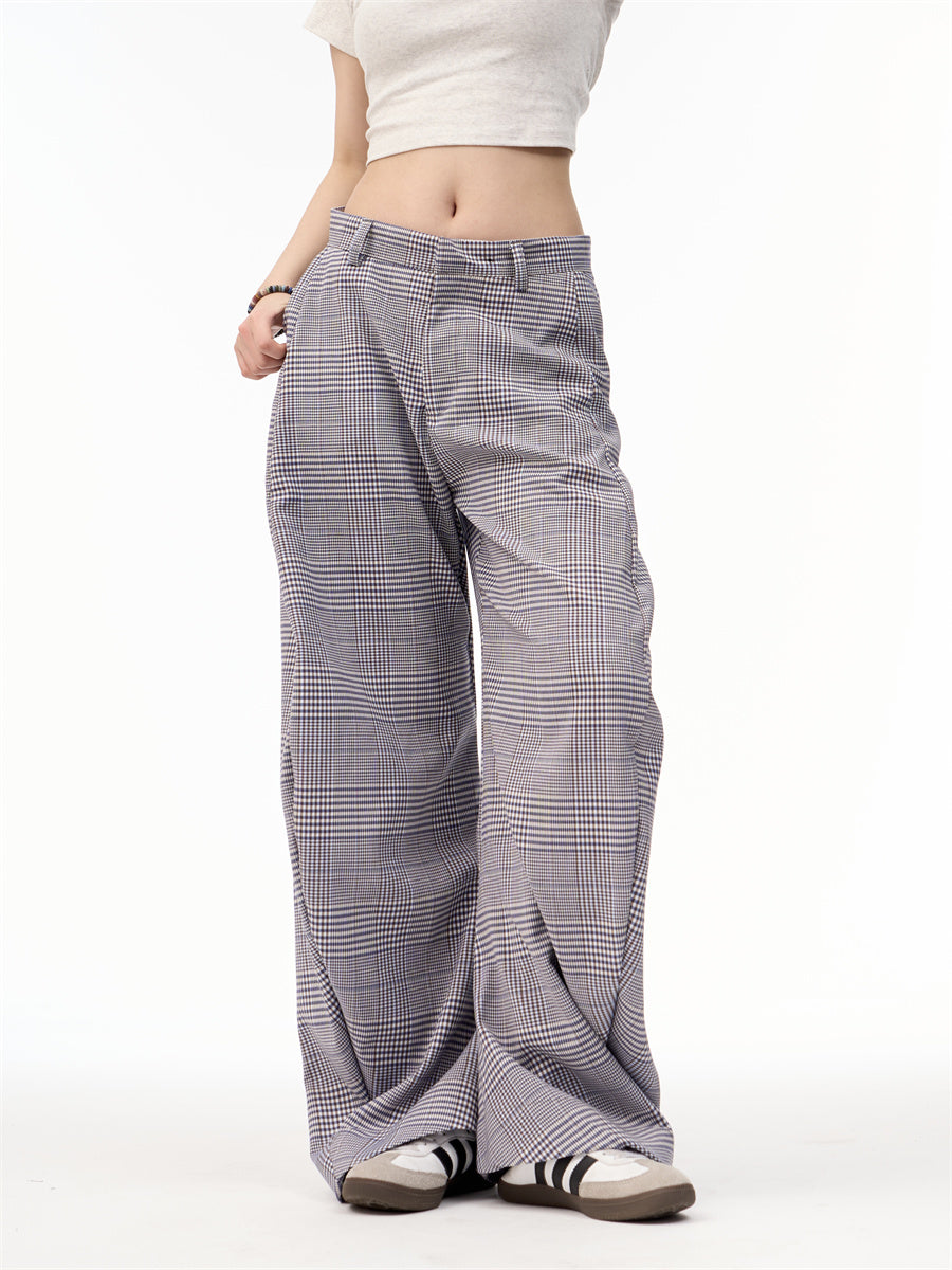 Women's American Retro Plaid Patchwork Wide Leg Pants