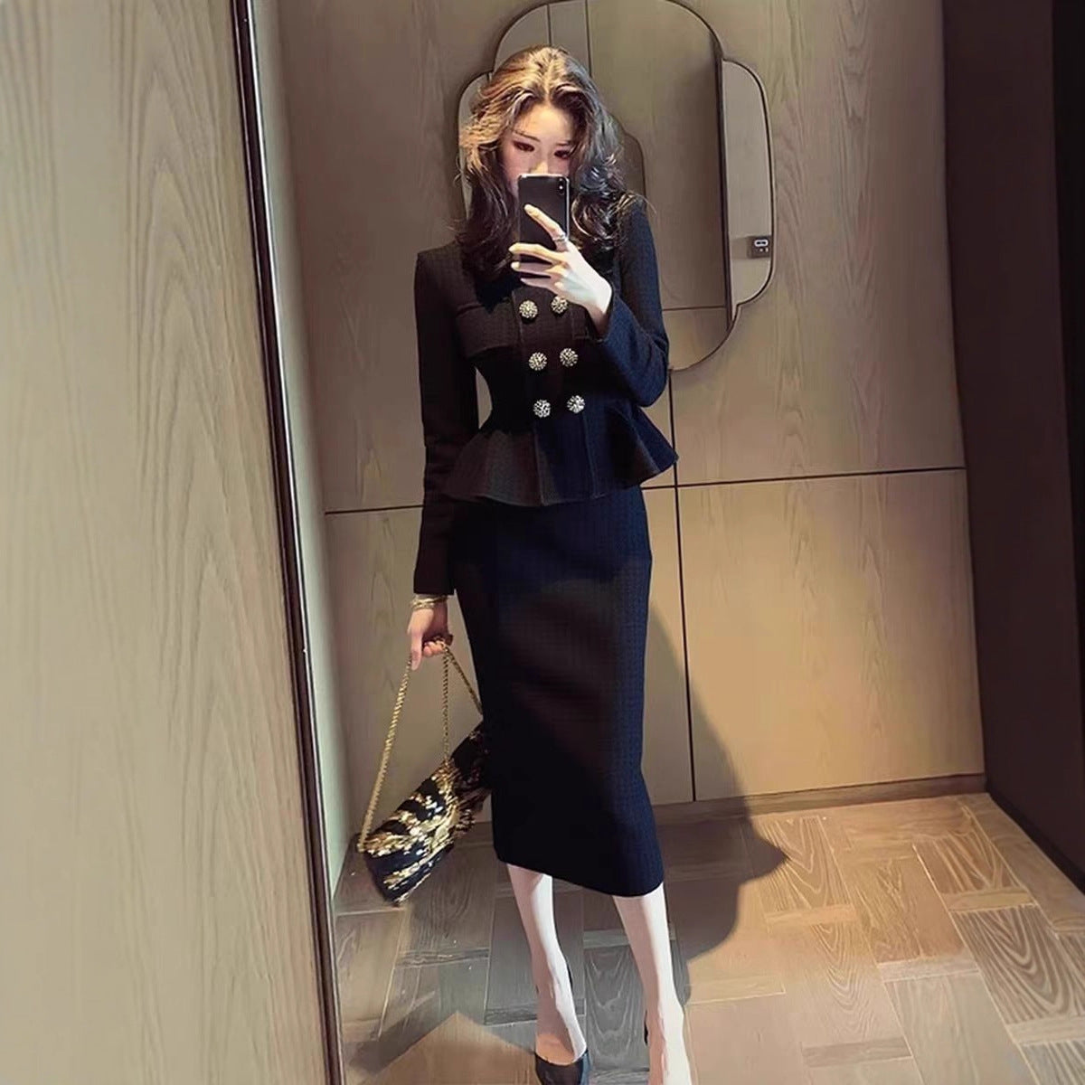 High-fashion Black Coat And Skirt Set