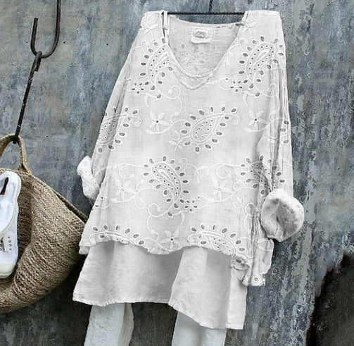 Vintage Western Paisley Floral Lace Linen Blend Long-sleeve Top