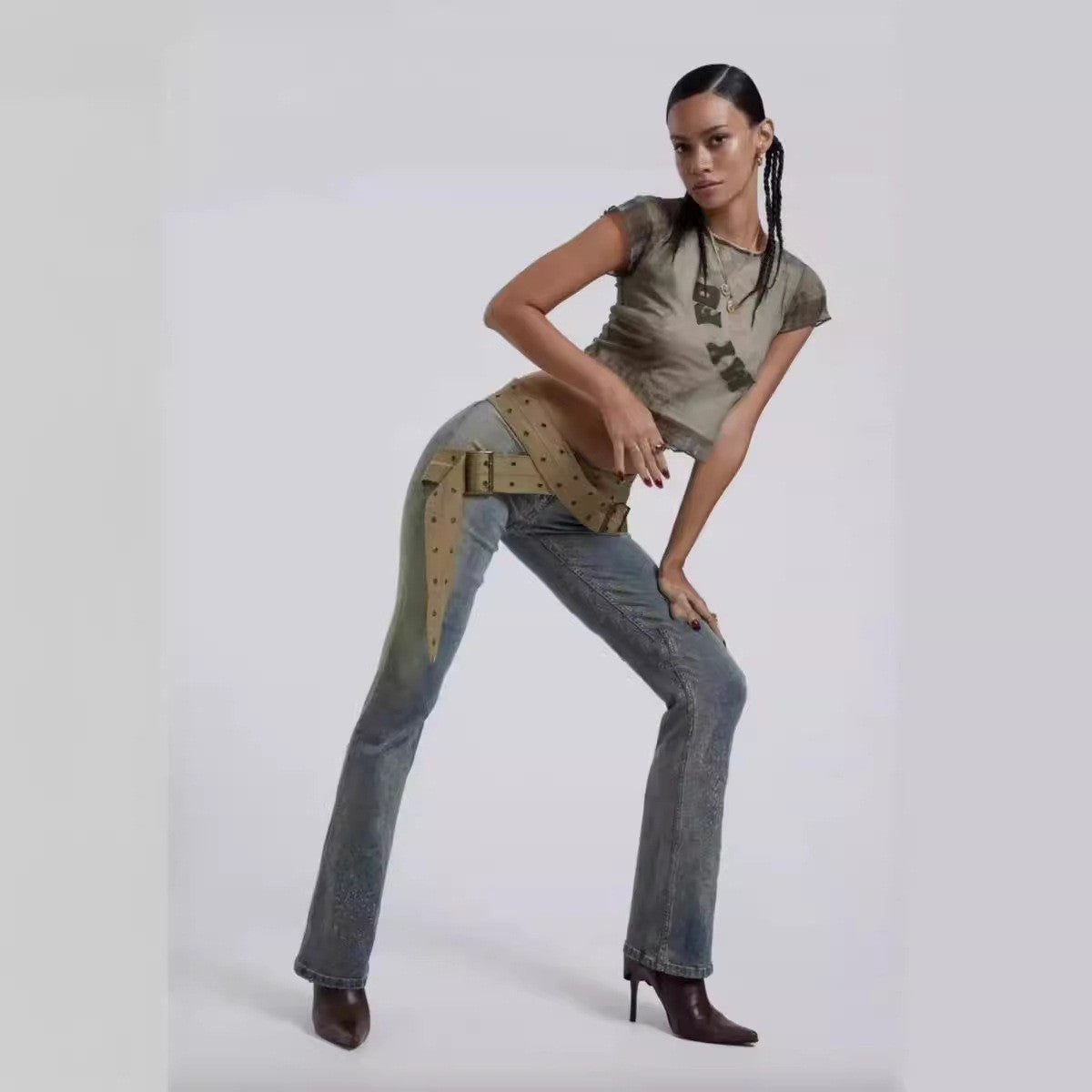 Canvas Thick Belt Decorative Low Waist Leg Trimming Denim Trousers For Women