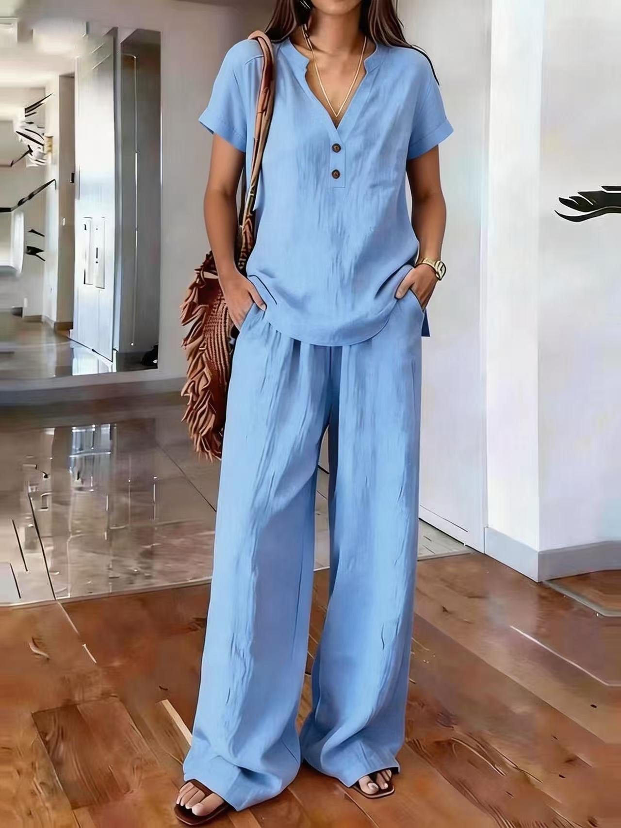 Women's Casual Solid-Colored Cotton And Linen Set