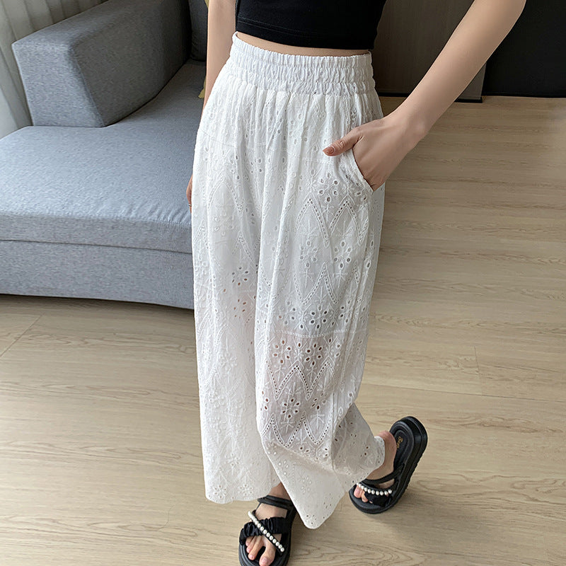 Wide-leg Women's Loose White Embroidered Hollow Casual Pants
