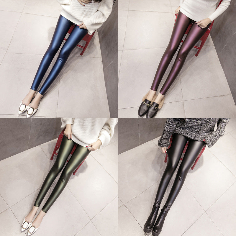 Plush PU Leather Pants Women's Outer Wear Tight-fitting Base Color