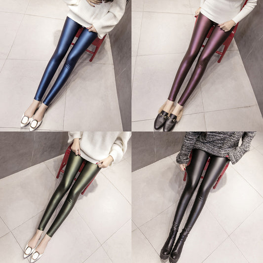 Plush PU Leather Pants Women's Outer Wear Tight-fitting Base Color