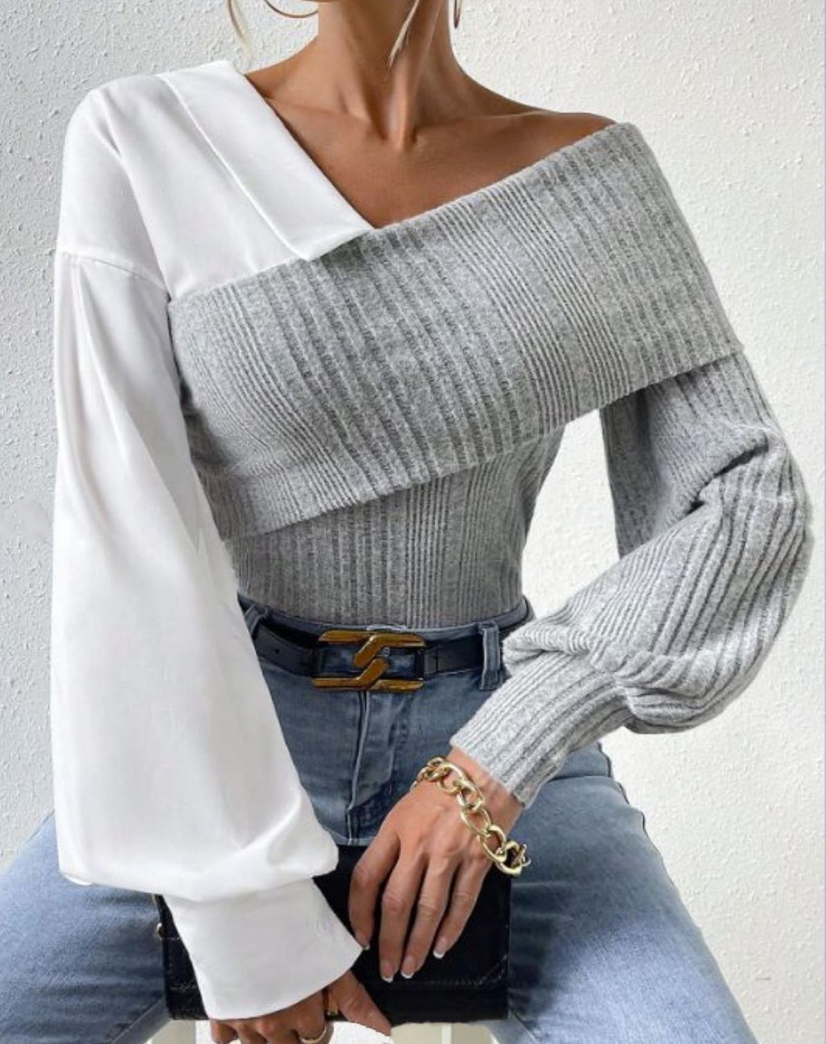 Knitted Striped Patchwork Solid-color Single-sleeve Slim-fit Top