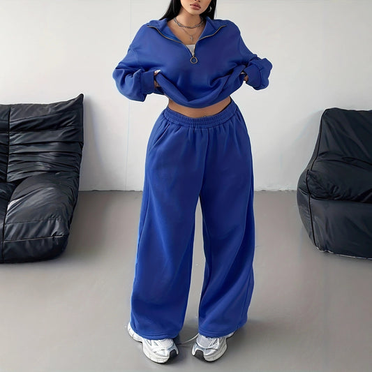Fashion Half-zip Long-sleeve Top Elastic Loose Straight Suit
