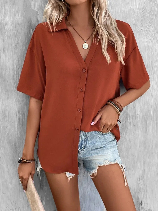 Temperament Pure Color V-neck Shirt Women's Top Short Sleeve