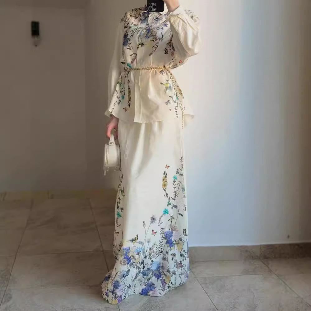 Women's Fashion Flower-Print Casual Long Dress Set