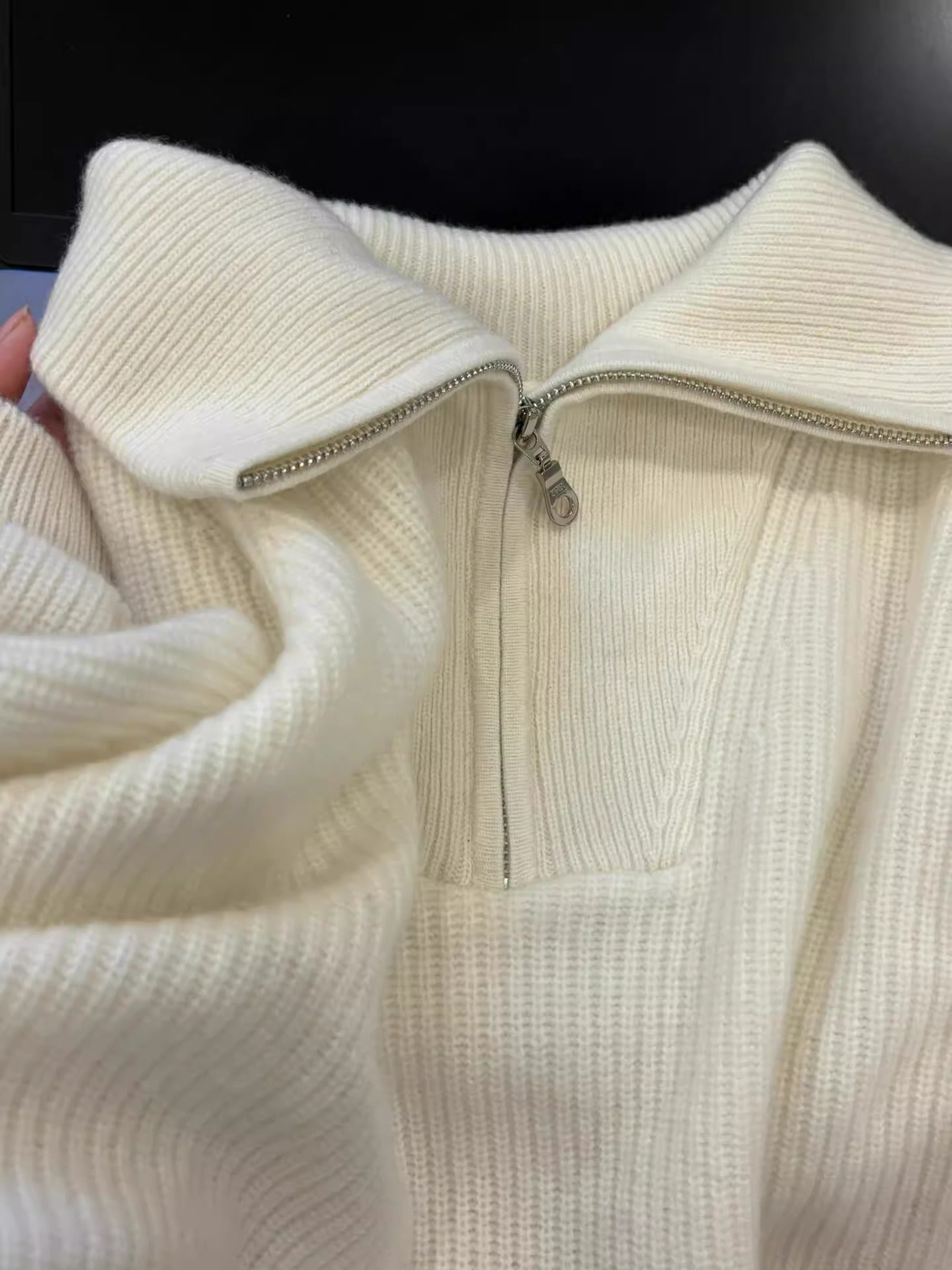 Raccoon Fur High Neck Semi-Zip Pullover Sweater Women