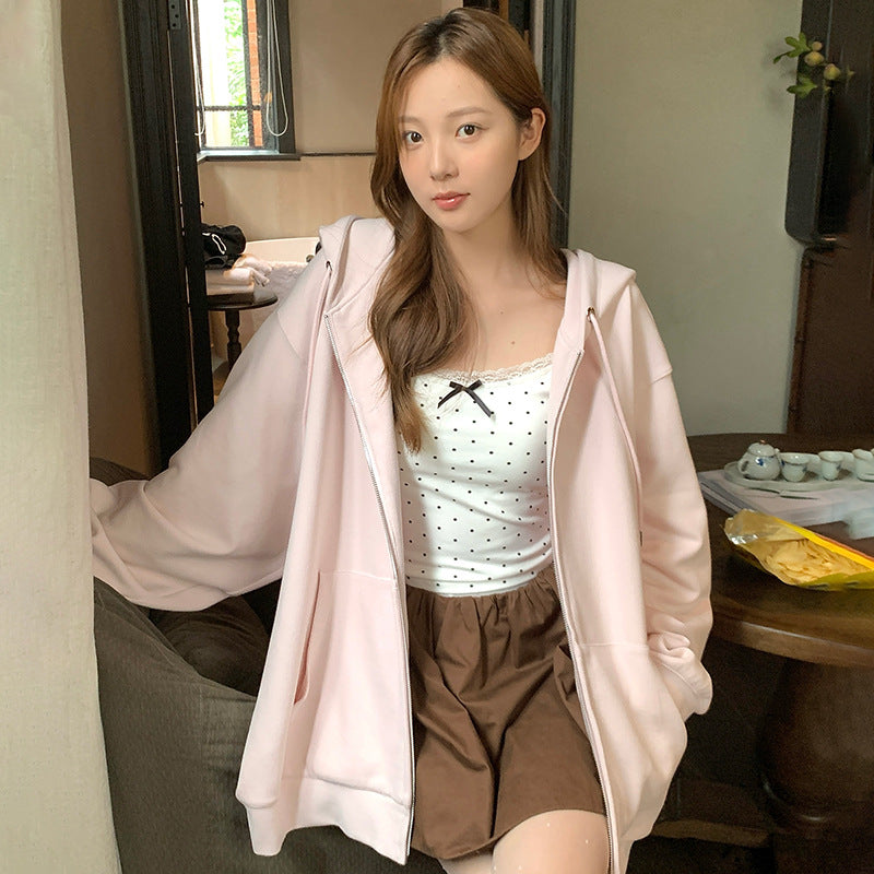 Solid Color Zipper Sweater Coat Women's Autumn Korean Style Hooded