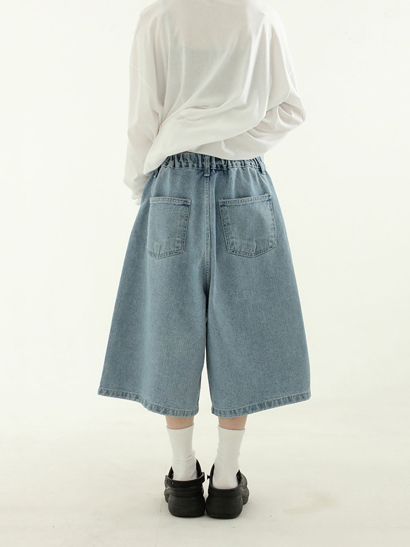 American Retro Denim Cropped Pants Women's Elastic Waist Straight Wide Leg Loose Thin Over The Knee