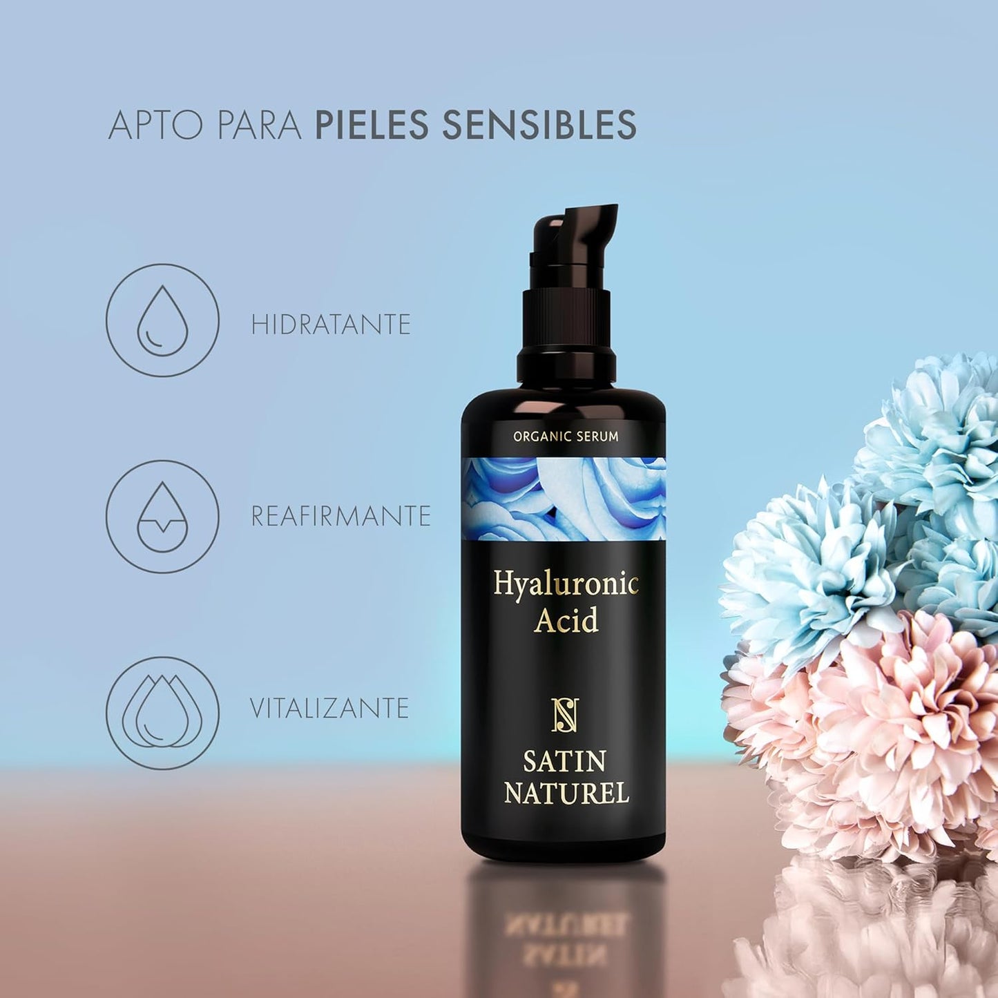 Satin Naturel Serum Facial Acido Hialuronico Orgánico 50Ml, Hidratante, Antiarrugas, Antimanchas Vegano - Piel, Cara Y Contorno De Ojos - Crema Hidratante Facial Mujer - Serum Acido Hialuronico