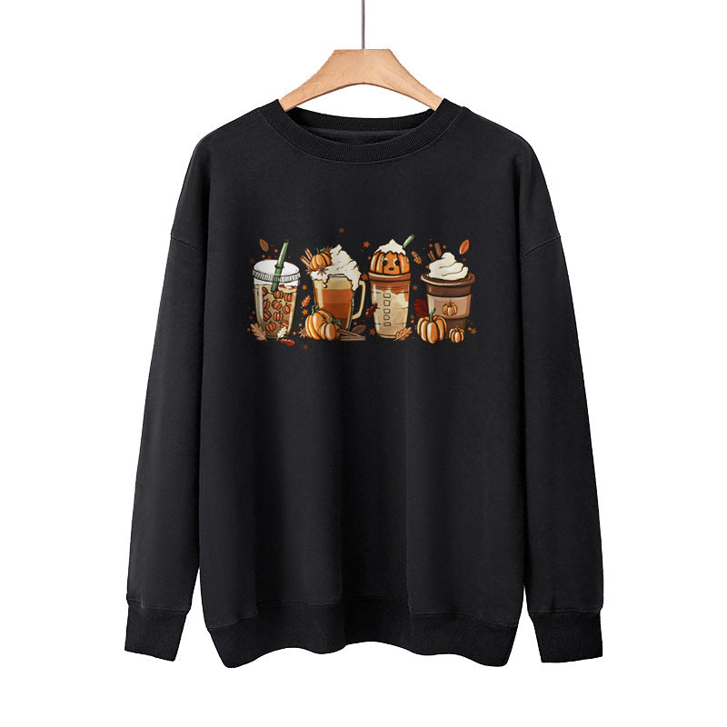 Ny Kaffe Græskar Halloween Gade Forår Efterår Og Vinter Rund Hals Løs Afslappet Pullover