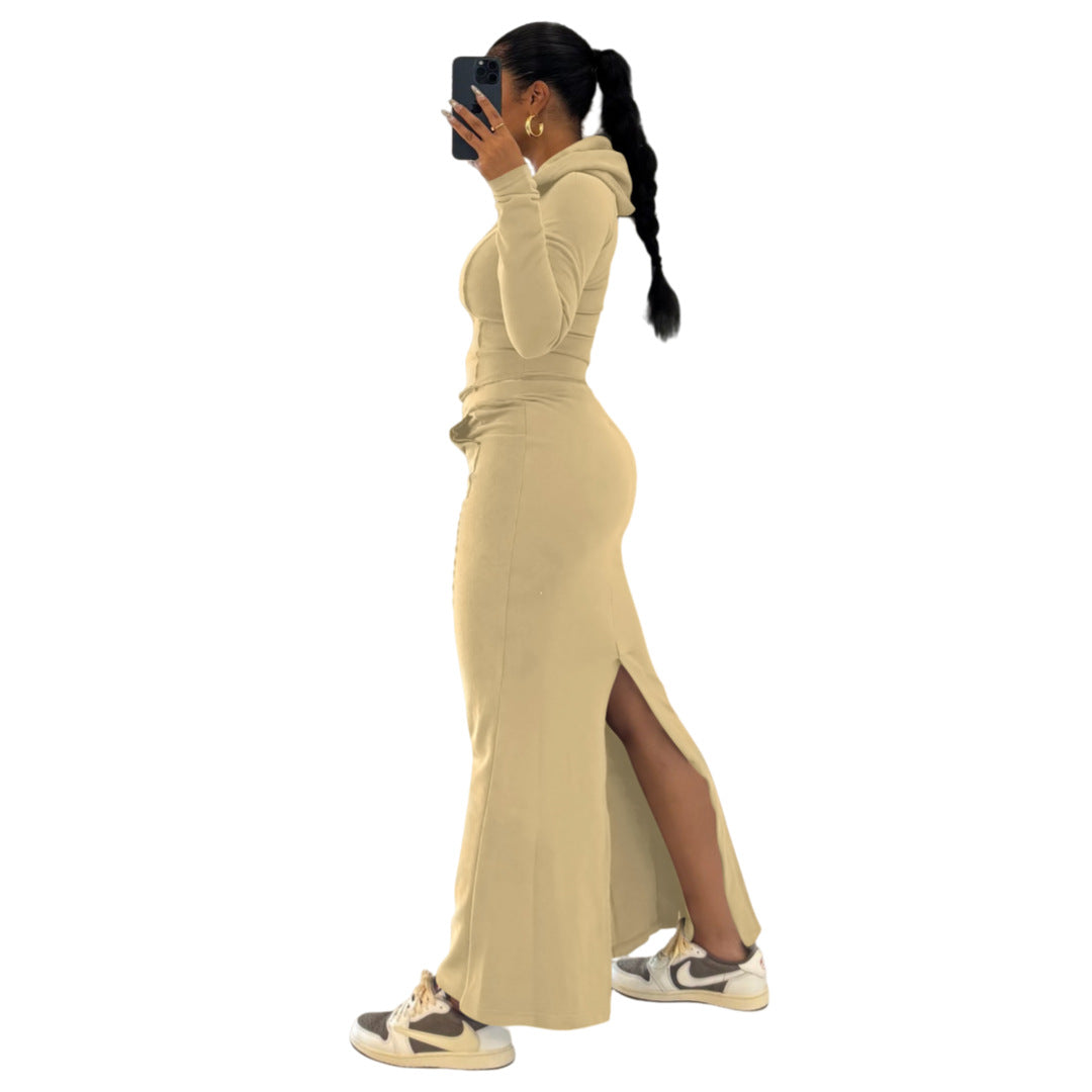 Stylish Solid-Color Hooded Slit Skirt Two-Piece Set