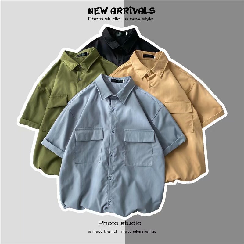 Hong Kong Style Loose Men's Summer Short Sleeve Shirt Overalls