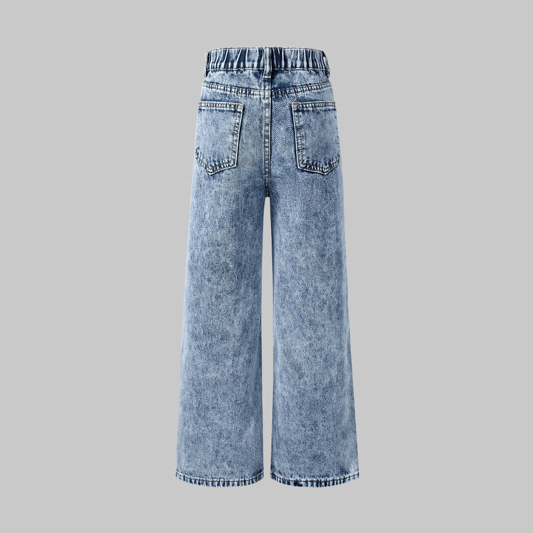 Snowflake Water Washed Hole Printed Wide-leg Jeans