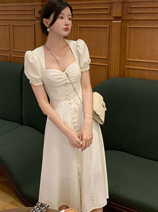 Square Neck Waist Wrapped Bubble Sleeve Dress For Women