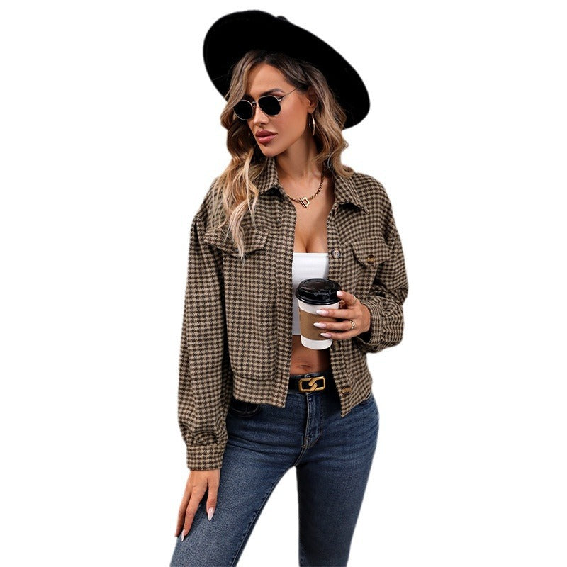 Plaid Short Coat Lapel Long Sleeve