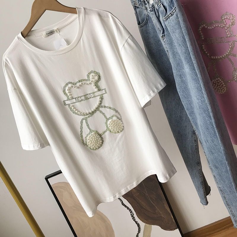 Heavy Industry Hot Drill Bead Short-sleeved Bear T-shirt Women