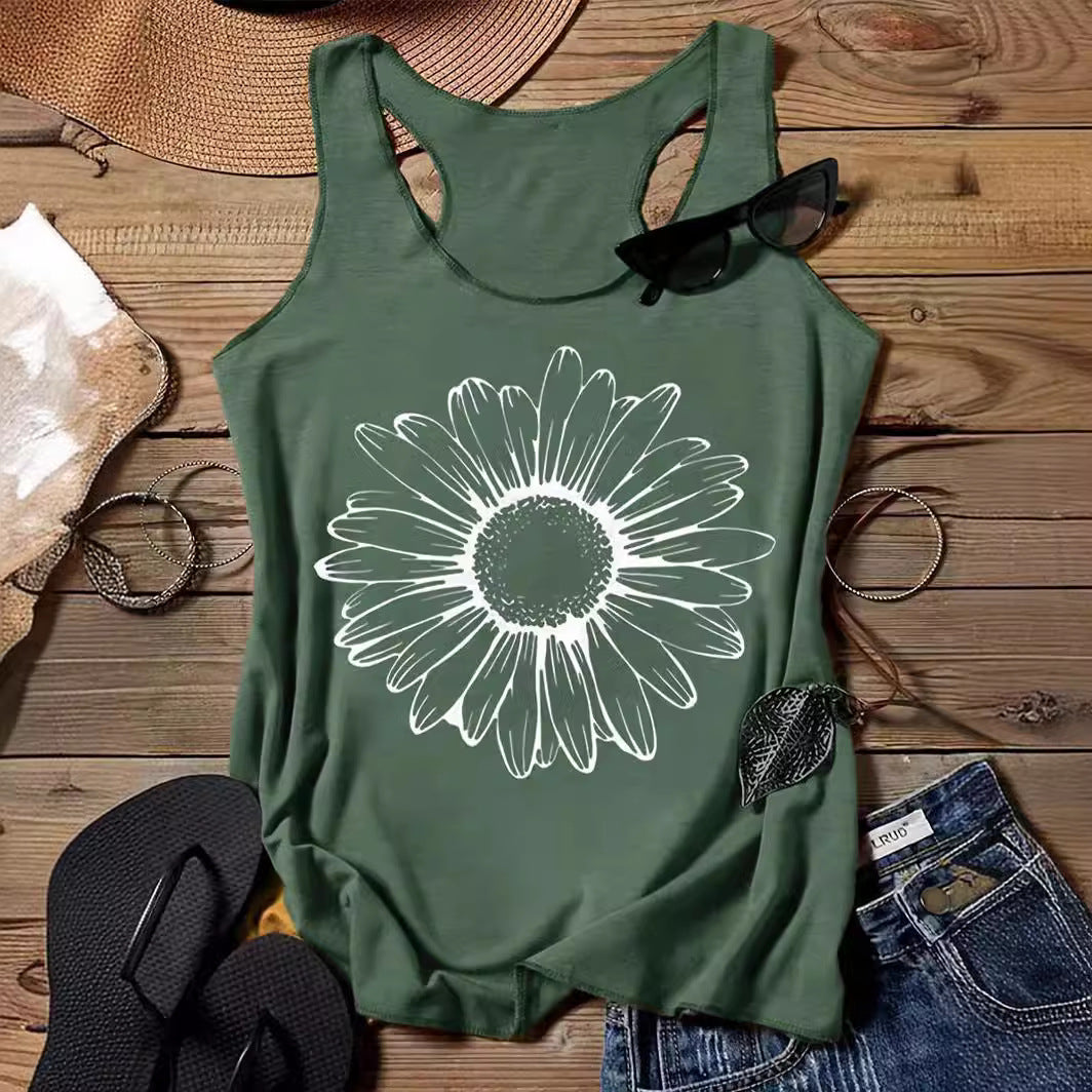 202 Casual Round Neck Narrow Edge Top Loose Sports Pattern Digital Printing Vest Women's Clothing