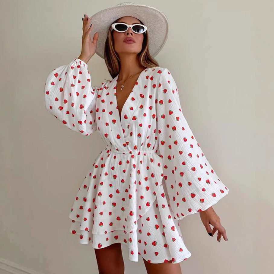New Strawberry-Print V-Neck Lantern-Sleeve Dress