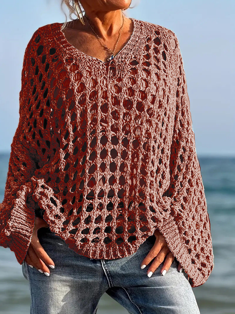 Loose Leisure All-matching Hollow Long Sleeve Plus Size Women's Knitted Sweater