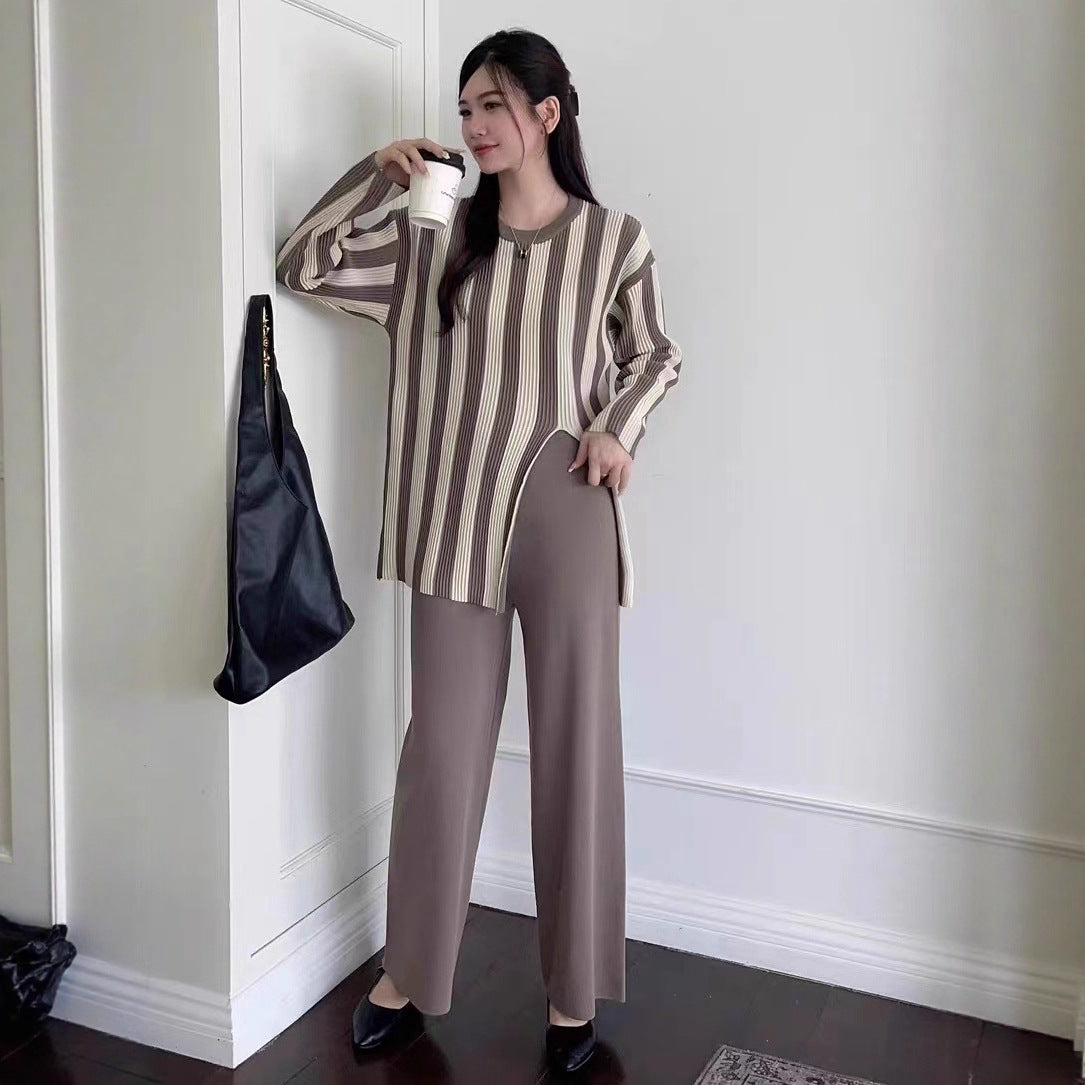 Vertical Stripes Crew Neck Split Knitwear Top High Waist Wide Leg Trousers Fashion Two-piece Suit